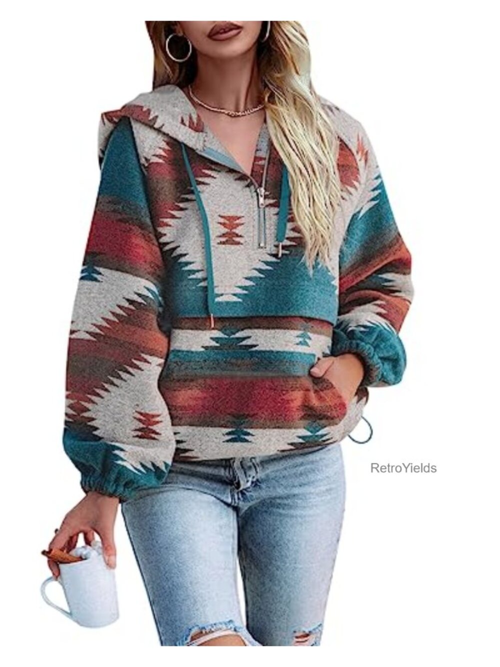Womens Aztec Zip Up Hoodie Boho Western Sweatshirt Pullover Top